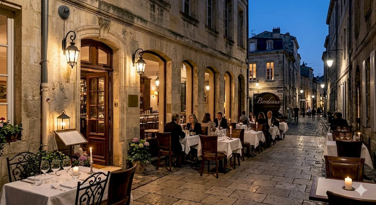 Restaurant parisien en soirée avec tables dressées, clients assis et lampes allumées, rues pavées entourées d'immeubles anciens.
