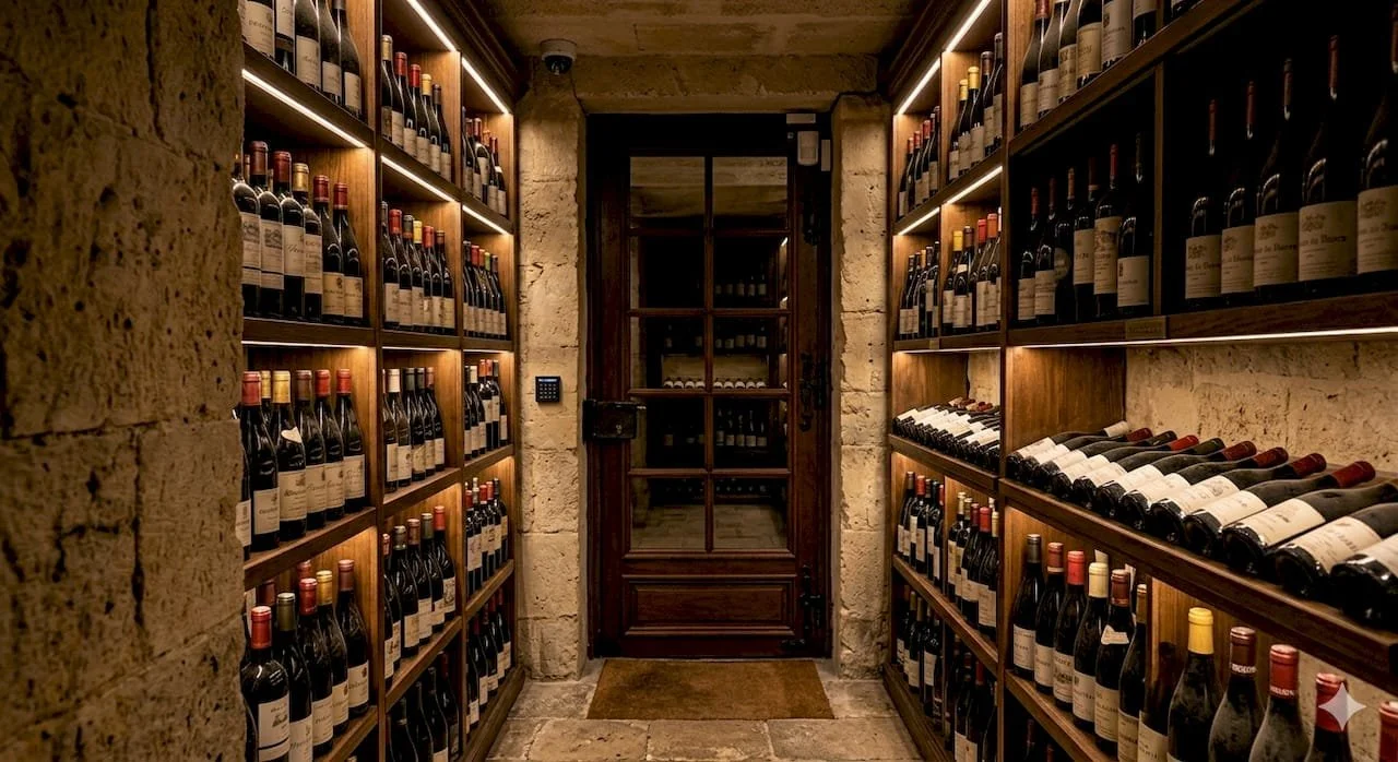 Cave à vin en bois avec étagères remplies de bouteilles de vin, porte en verre au fond.