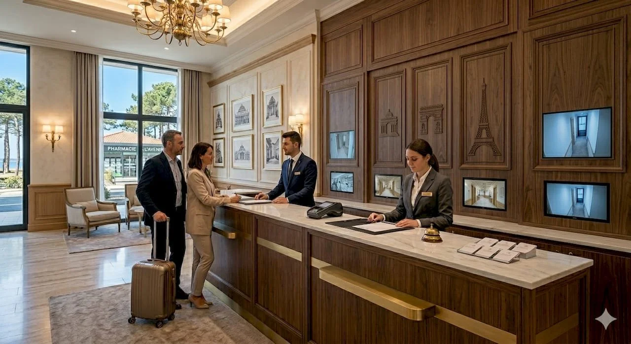 Un groupe de quatre personnes à la réception d'un hôtel élégant, avec deux employés et deux clients, un homme avec une valise et une femme. La décoration intérieure est classique, avec un mur en bois, des cadres avec des illustrations, plusieurs écrans et un lustre au plafond.