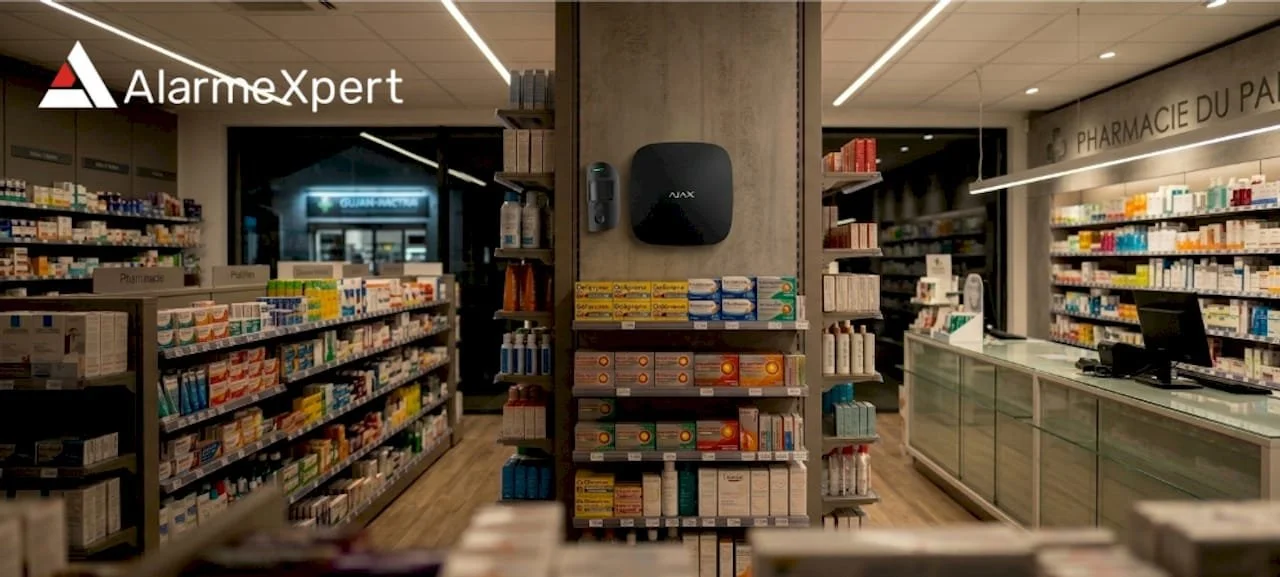Intérieur d'une pharmacie avec étagères remplies de produits médicamenteux, comptoir à droite, logo AlarmXpert en haut à gauche.