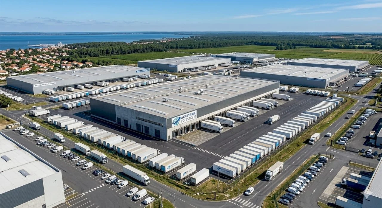 Vue aérienne d'un grand centre logistique avec plusieurs entrepôts et camions stationnés, près d'une côte et de terres agricoles.