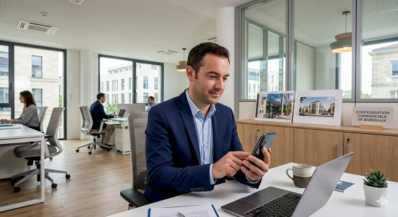 Un homme d'affaires souriant assis à un bureau moderne, utilisant son téléphone intelligent avec un ordinateur portable, dans un bureau lumineux avec de grandes fenêtres et des photographies de bâtiments sur le meuble en arrière-plan.