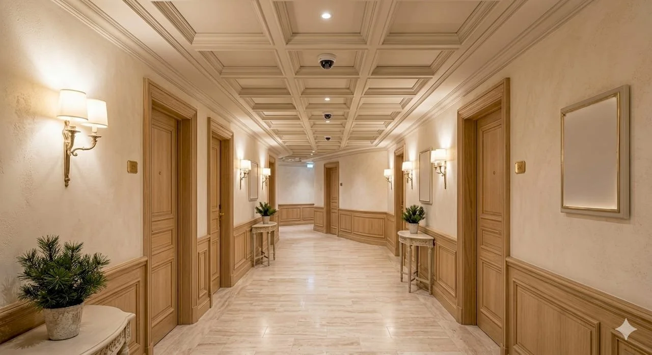Un couloir élégamment décoré avec des murs beige, des portes en bois, des appliques murales, des miroirs et des plantes