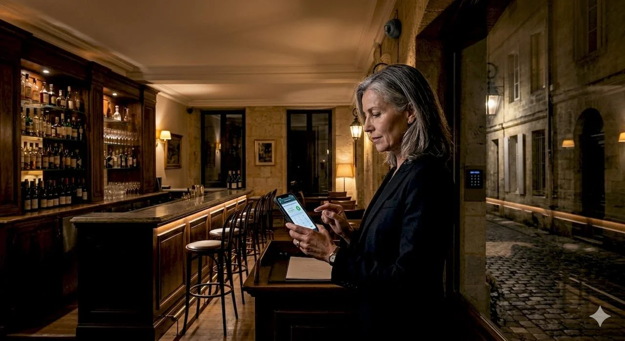 Une femme d'âge moyen avec des cheveux gris utilise un téléphone portable dans un bar avec un comptoir en bois et des étagères avec des bouteilles d'alcool, à l'intérieur d'un bâtiment en pierre avec des fenêtres et un éclairage tamisé.