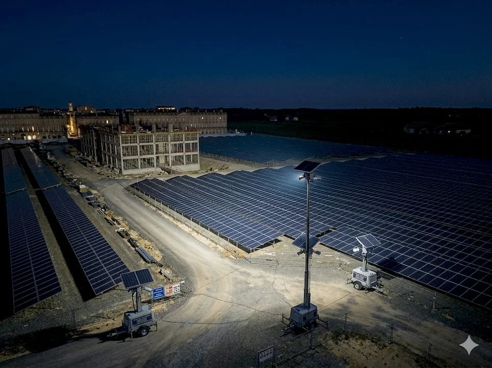 Un centre solaire avec de nombreux panneaux photovoltaïques installés sur le sol, éclairés par des lampadaires durant la nuit.