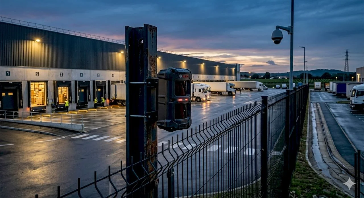 Un parking de terminal de livraison avec des camions garés et des employés en train de travailler, en fin de journée avec un ciel nuageux.