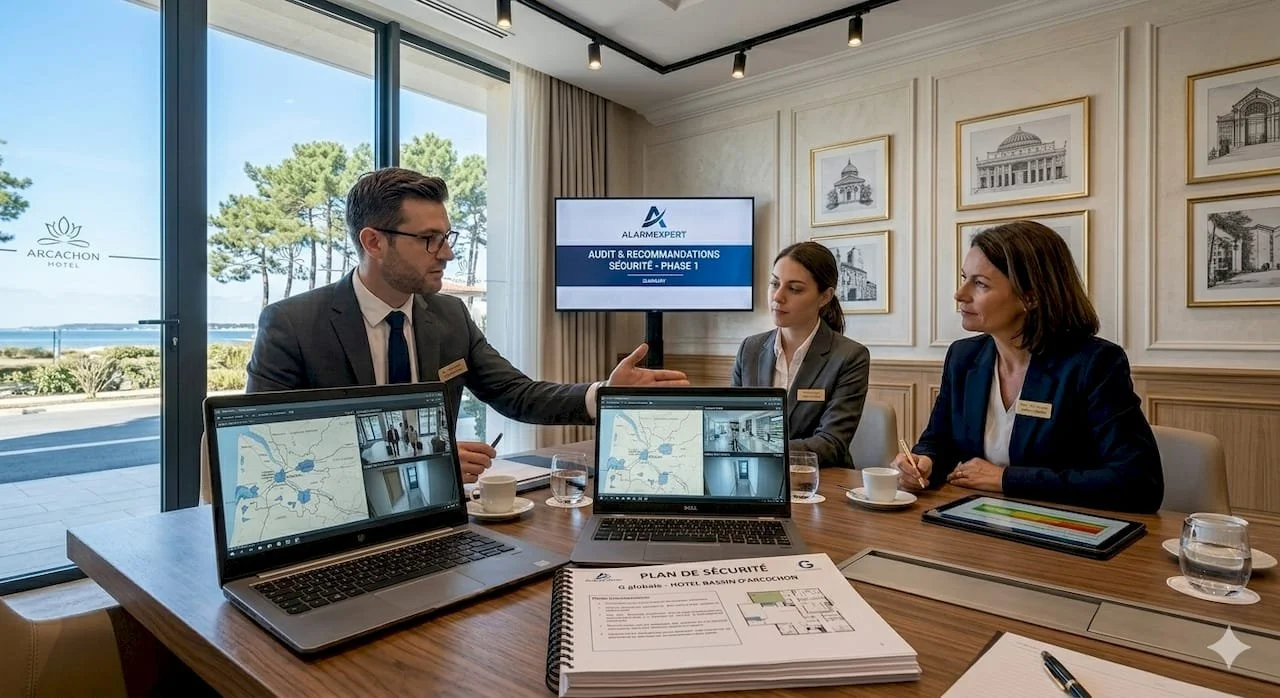 Réunion d'affaires avec trois personnes, deux femmes et un homme en costume, discutant autour d'une table avec des ordinateurs portables, des documents, et des tasses de café, dans une salle lumineuse avec vue sur l'extérieur et un écran de présentation.