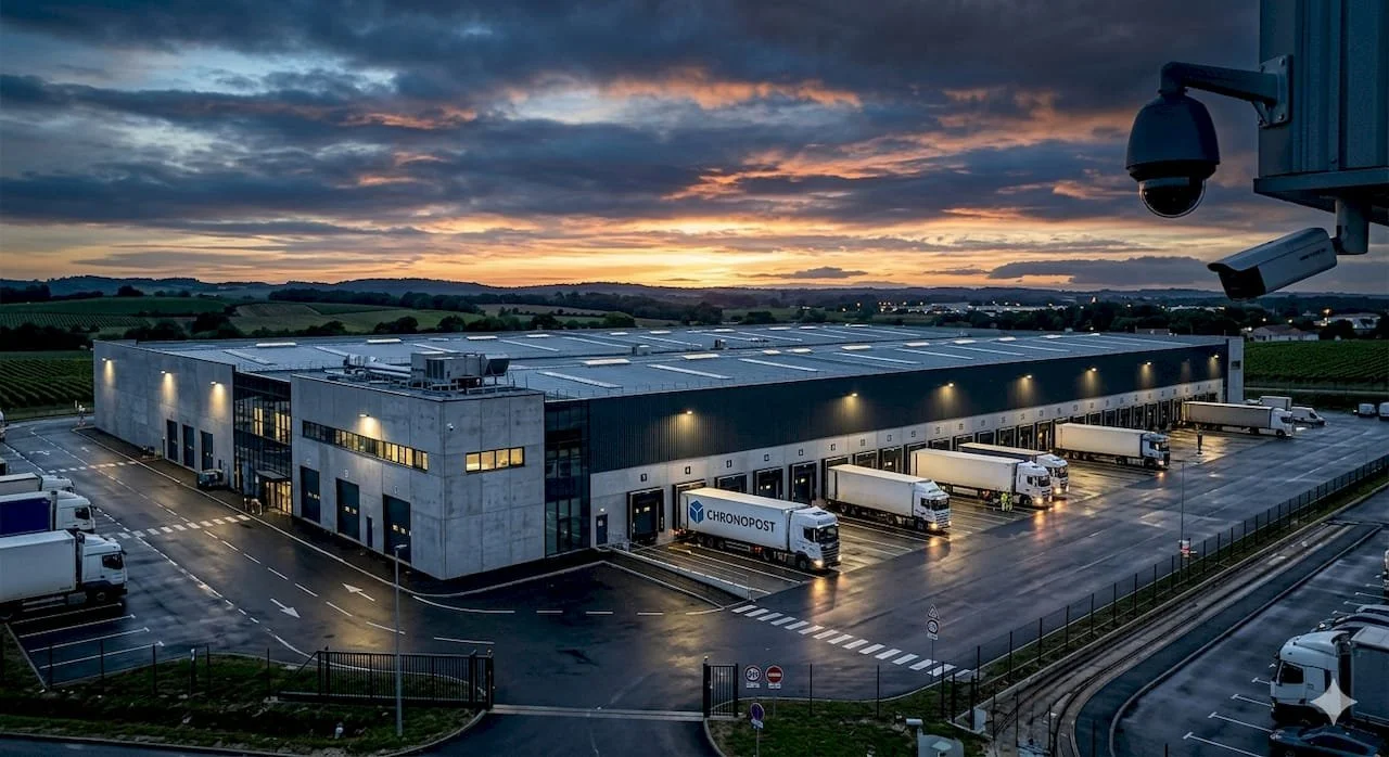 Un centre de distribution avec plusieurs camions de livraison stationnés devant, surveillance vidéo extérieure, dans un paysage rural au coucher du soleil.