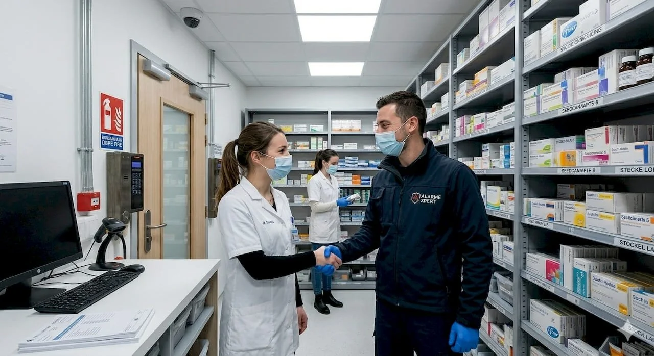 Deux personnes en tenue médicale se serrent la main dans une pharmacie, avec des étagères de médicaments en arrière-plan.