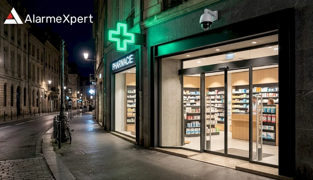Une pharmacie éclairée la nuit, avec un signe de croix verte et une porte en verre donnant sur l'intérieur où des étagères remplies de produits pharmaceutiques sont visibles.