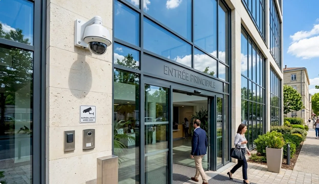 Entrée principale d'un bâtiment moderne avec des grandes fenêtres en verre, une caméra de surveillance et des personnes entrant et sortant dans un environnement urbain.