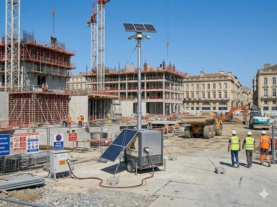 Chantier de construction avec plusieurs ouvriers, grues, un bulldozer, et un bâtiment en cours de construction, sous un ciel bleu.