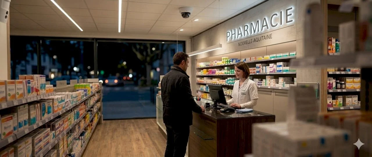 Un homme en train de parler à une pharmacienne derrière le comptoir dans une pharmacie bien éclairée, avec des étagères de médicaments derrière.
