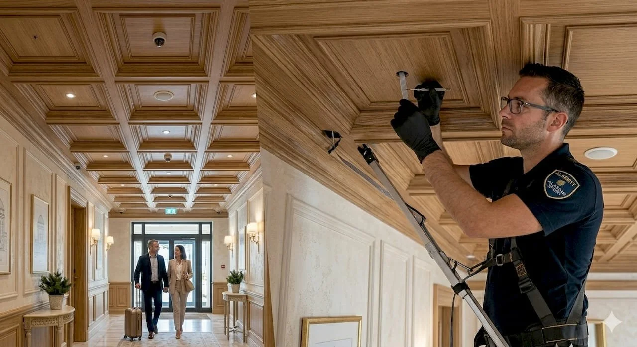 Un homme portant un uniforme de police ouvre un plafond en bois dans un bâtiment élégant avec des murs en décoration crème et un sol en bois. Deux personnes, un homme en costume et une femme en tailleur, marchent dans un couloir bien éclairé.