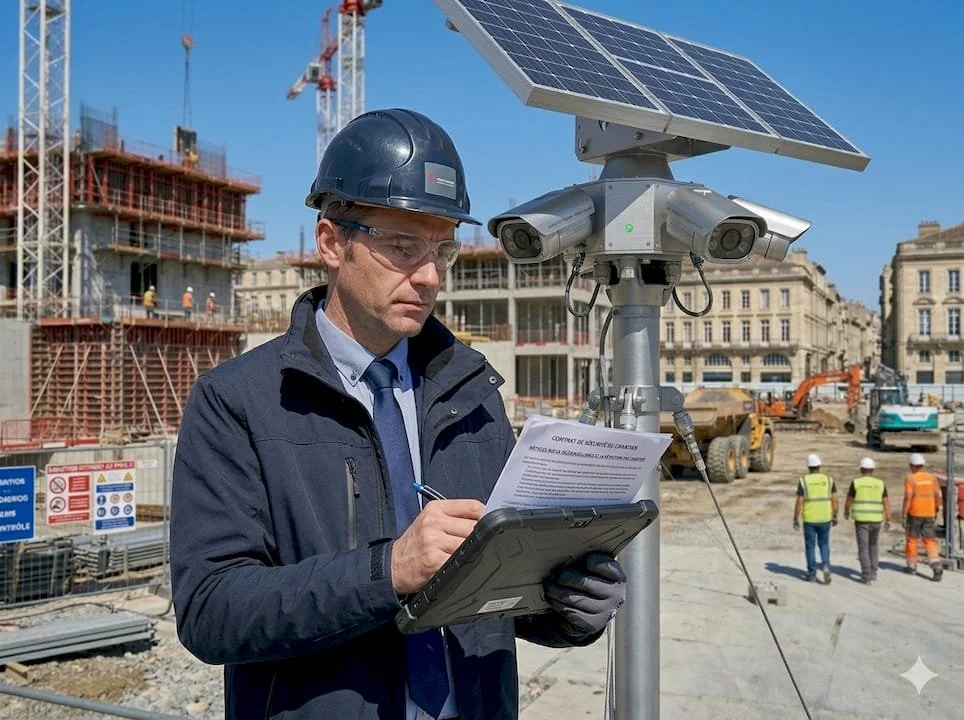 Ingénieur surveillant un site de construction avec un drone équipé de panneaux solaires pour surveillance