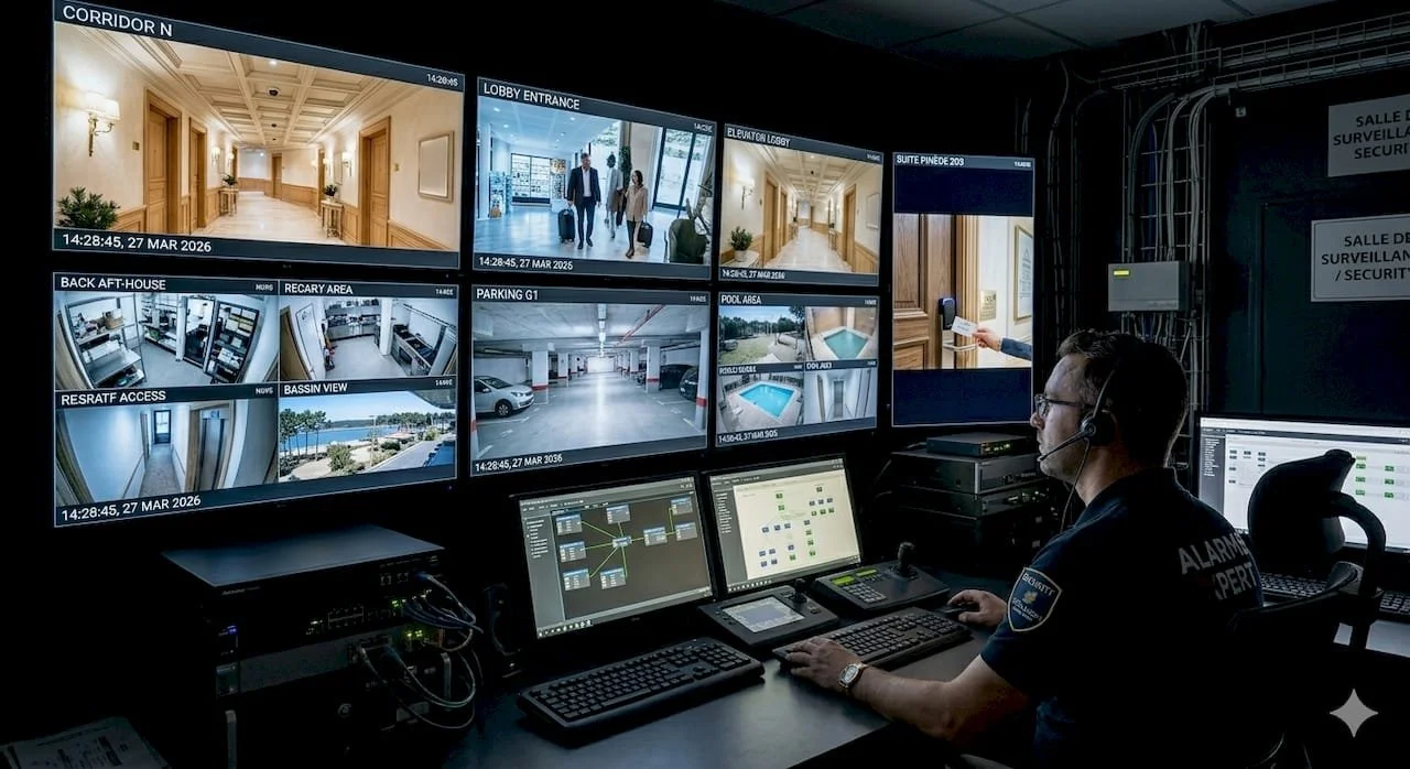 Salle de contrôle de sécurité avec un opérateur surveillant plusieurs écrans affichant des vidéos de caméras de surveillance dans un hôtel ou un complexe. La salle est équipée de plusieurs moniteurs et dispositifs de communication.