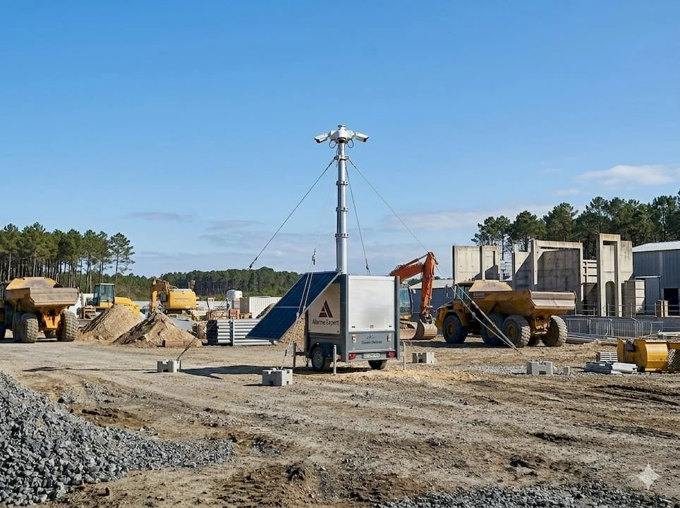 Site de construction avec plusieurs engins, une cabine de surveillance, panneaux solaires et structures en béton, dans un environnement en plein air avec des arbres en arrière-plan.