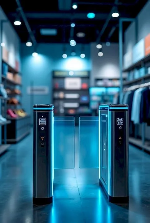 Deux appareils de sécurité en métal dans une boutique, avec des étagères de vêtements en arrière-plan.