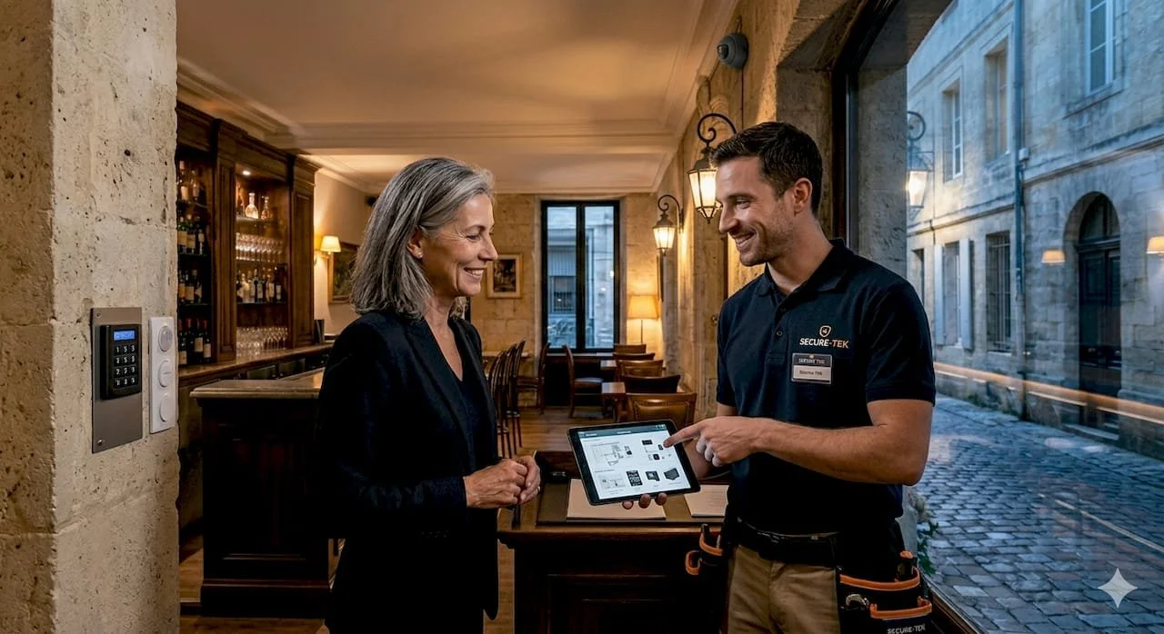 Une femme et un homme souriant discutant devant un panneau de contrôle dans un restaurant.