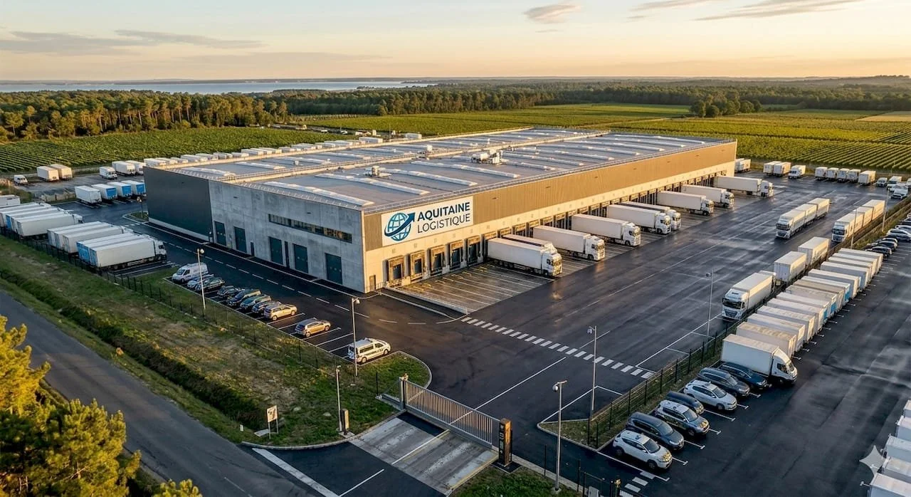 Entrepôt logistique avec plusieurs camions de livraison et parking extérieur, situé dans un espace rural avec champs et forêt environnants.