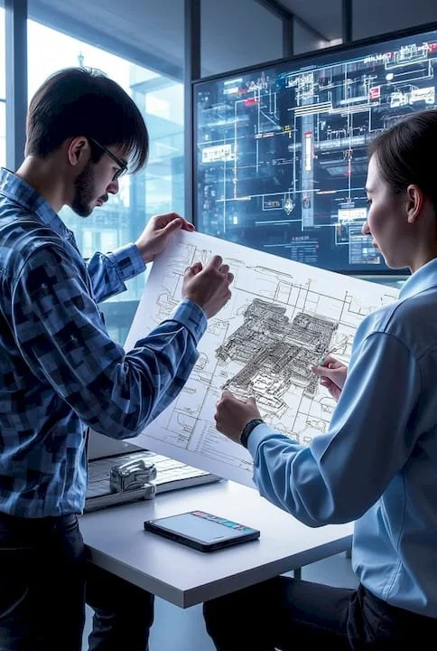 Deux ingénieurs en train de regarder un plan architectural dans un bureau moderne, avec un écran informatisé de plans techniques en arrière-plan.