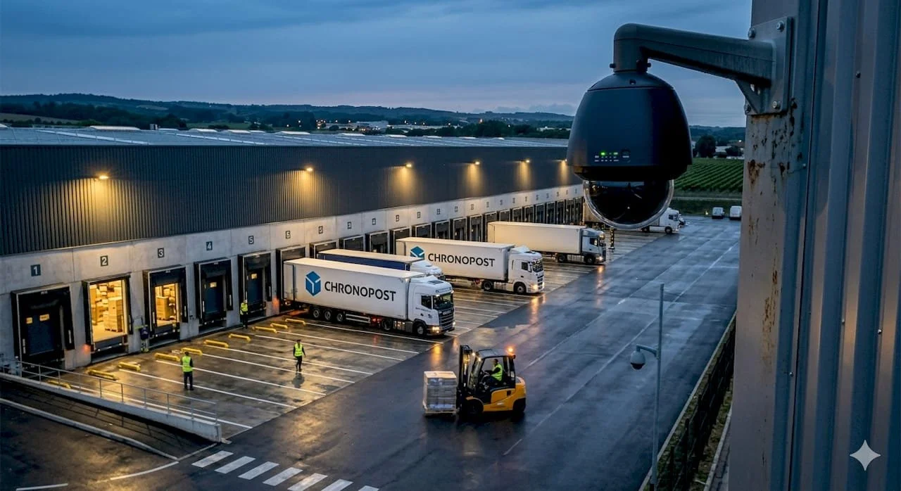 Un entrepôt de livraison avec plusieurs camions portant le logo 'CHRONOPOST'. Des employés en gilet jaune gèrent les activités, un chariot élévateur déplace une palette. Une caméra est fixée sur un mur en avant-plan.