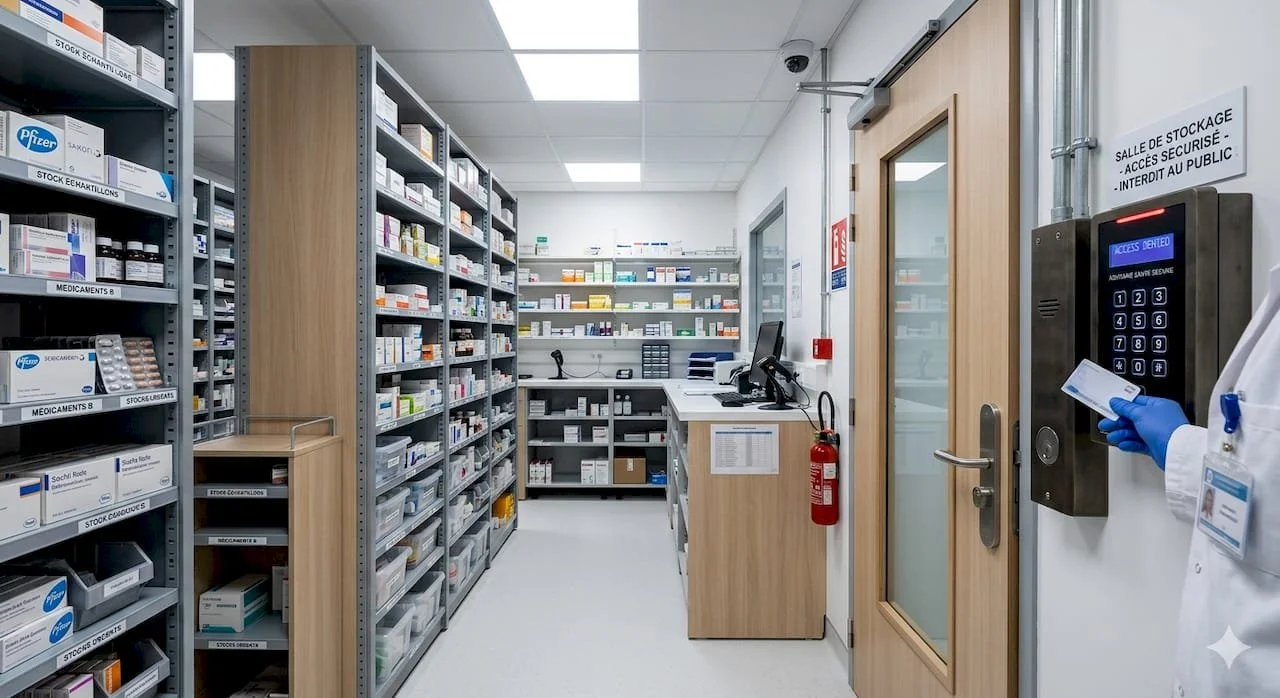 Une pharmacie avec des étagères remplies de médicaments, un comptoir avec un ordinateur, et une personne en blouse blanche avec des gants bleus tenant une fiche, à côté d'un lecteur de badge sécurisé.