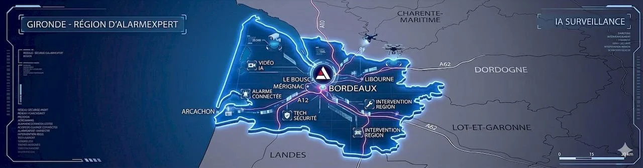 Carte de la région de Bordeaux en France, illustrant un réseau de sécurité et de surveillance, avec des zones marquées pour l'alarme connectée, la vidéosurveillance IA, et différentes interventions régionales.