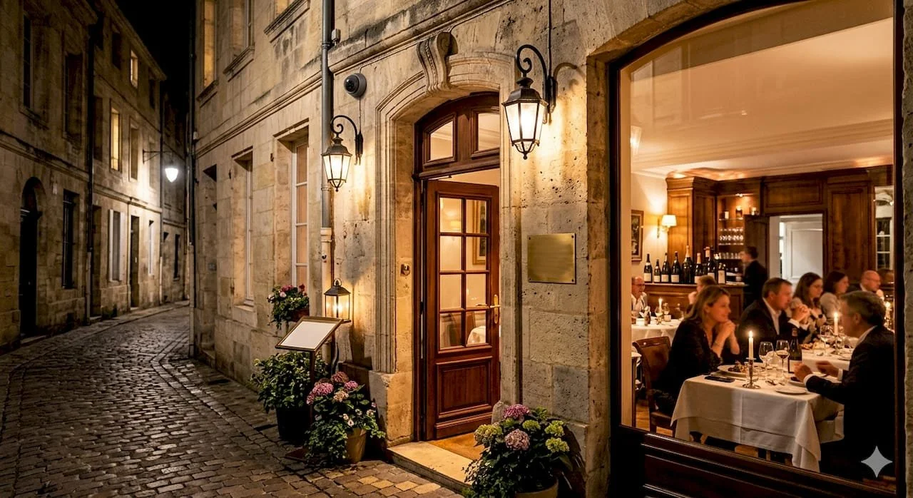 Une rue pavée la nuit menant à un restaurant élégant avec des lumières chaleureuses, une entrée en bois, des plantes en pot et une fenêtre donnant sur une salle à manger avec des personnes assises en train de dîner.
