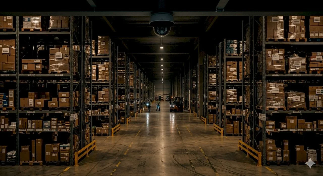 Vue en profondeur d'un entrepôt industriel rempli d'étagères avec des cartons, éclairage faible, quelques travailleurs et un chariot élévateur au fond.