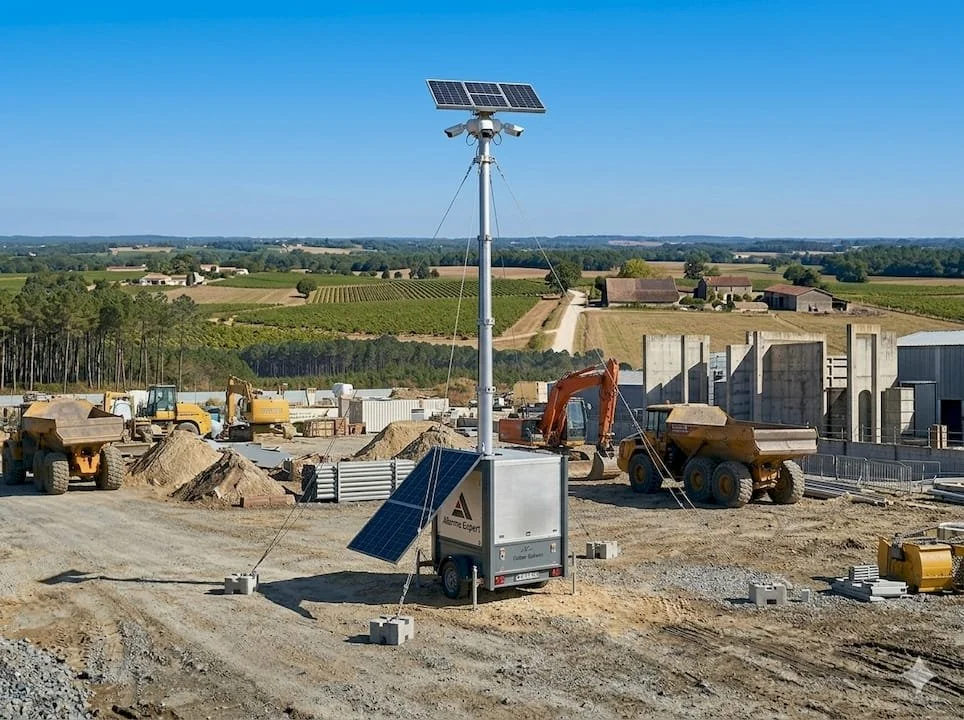 Un site en construction avec une tour solaire, un excavateur, camions de construction, et des bâtiments en développement, avec un paysage rural en arrière-plan