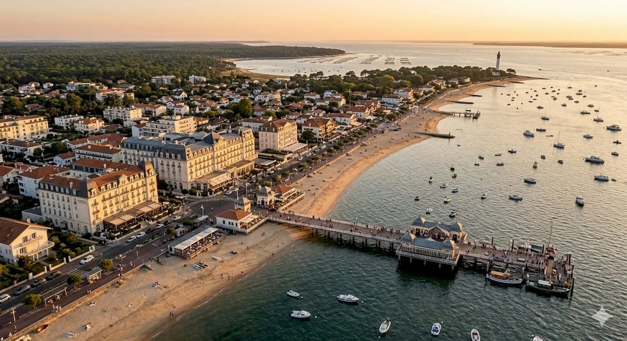 Vue aérienne d'une côte avec une plage, une jetée, des bâtiments et des bateaux dans la mer au coucher du soleil.