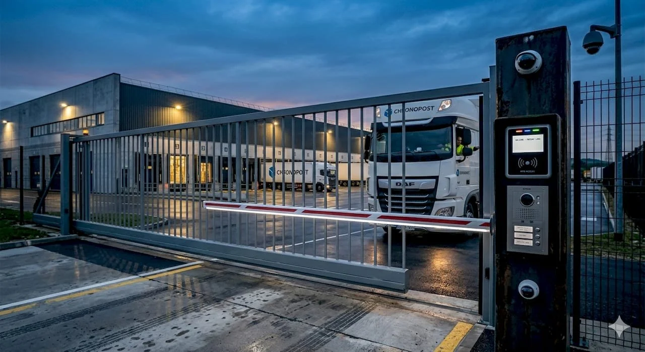Un portail automatique de station de livraison avec un camion blanc derrière, dans une zone industrielle au crépuscule.