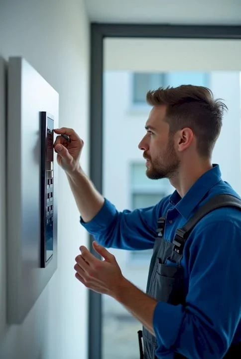 Un homme appuie sur un interphone ou un système d'entrée à l'intérieur d'un bâtiment, avec une fenêtre en arrière-plan.