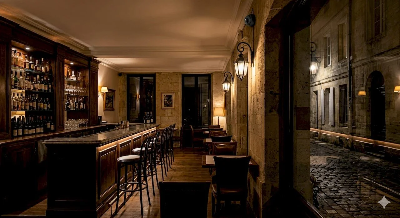 Intérieur d'un bar élégant avec comptoir en bois, étagères de bouteilles et tables avec chaises, ambiance chaleureuse avec éclairage tamisé.