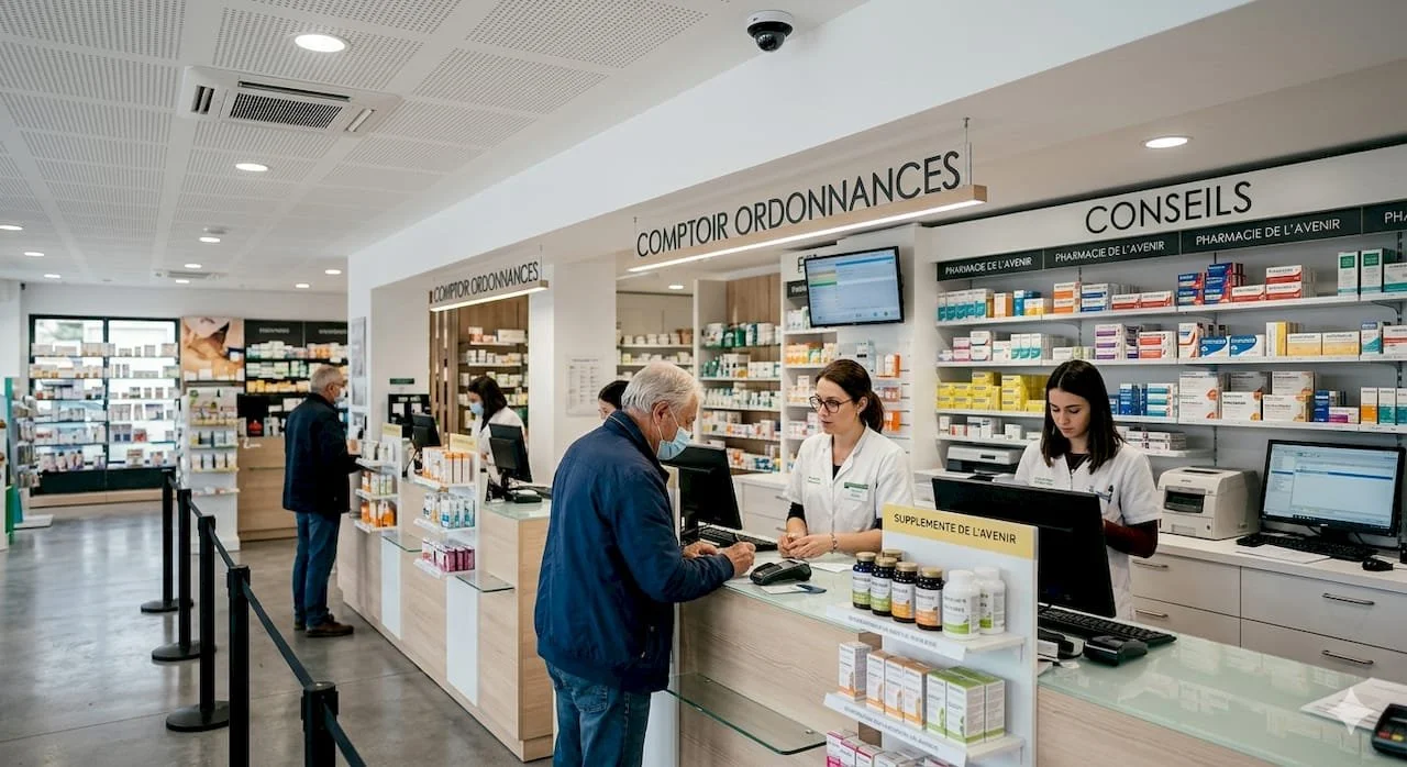 Pharmacie avec clients et personnel au comptoir, étagères remplies de médicaments, et signage indiquant 'COMPTIOR ORDONNANCES' et 'CONSEILS'.