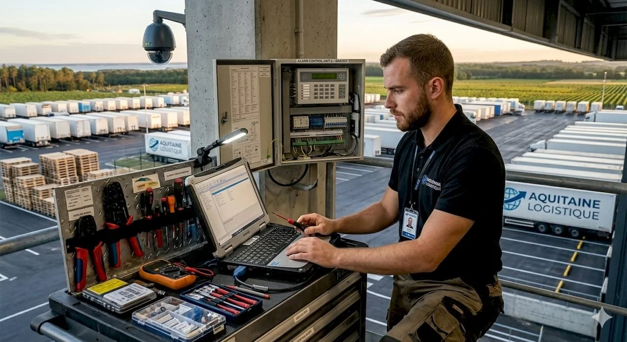 Technicien dans un centre de contrôle logistique avec plateforme en hauteur, sur fond de parking avec camions de livraison et entrepôt, utilisant un ordinateur portable pour la gestion ou la maintenance des systèmes.