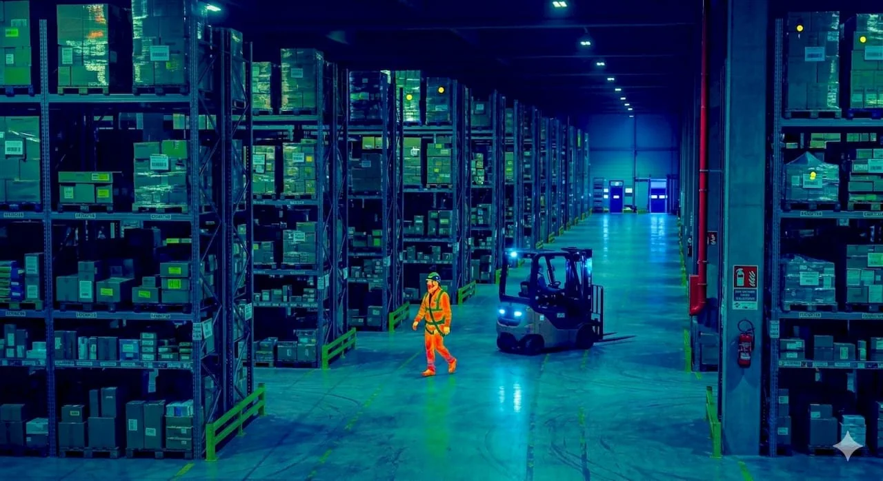 Un entrepôt avec de hautes étagères remplies de boîtes, un employé en tenue de sécurité avec un casque et une veste orange, accompagnée d'une petite machine électrique.