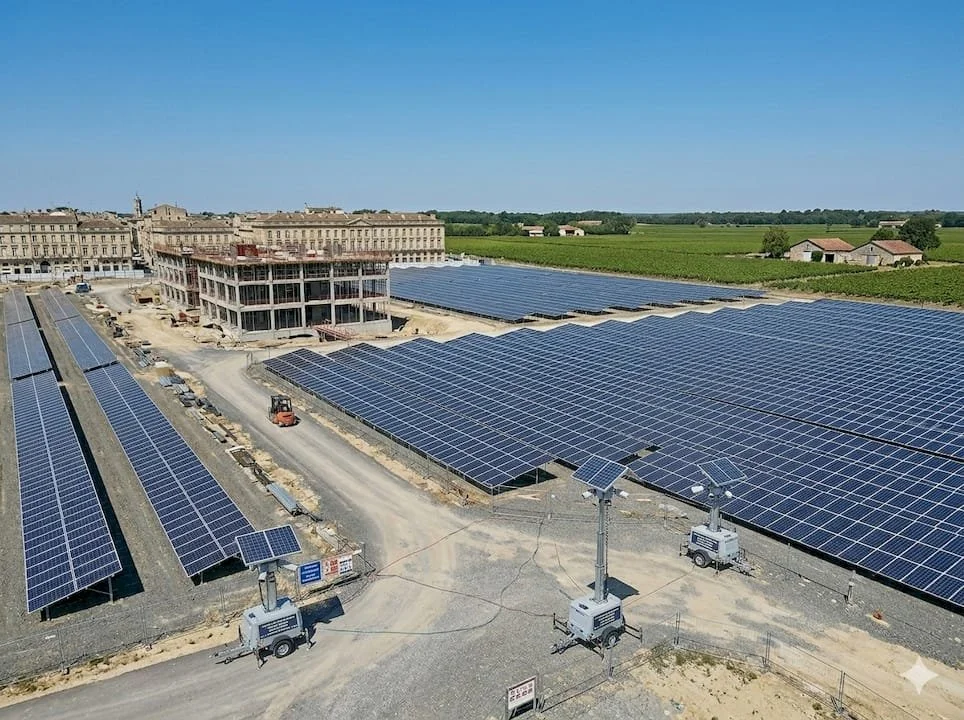 Grand site de panneaux solaires en construction avec bâtiments et champs verts en arrière-plan.