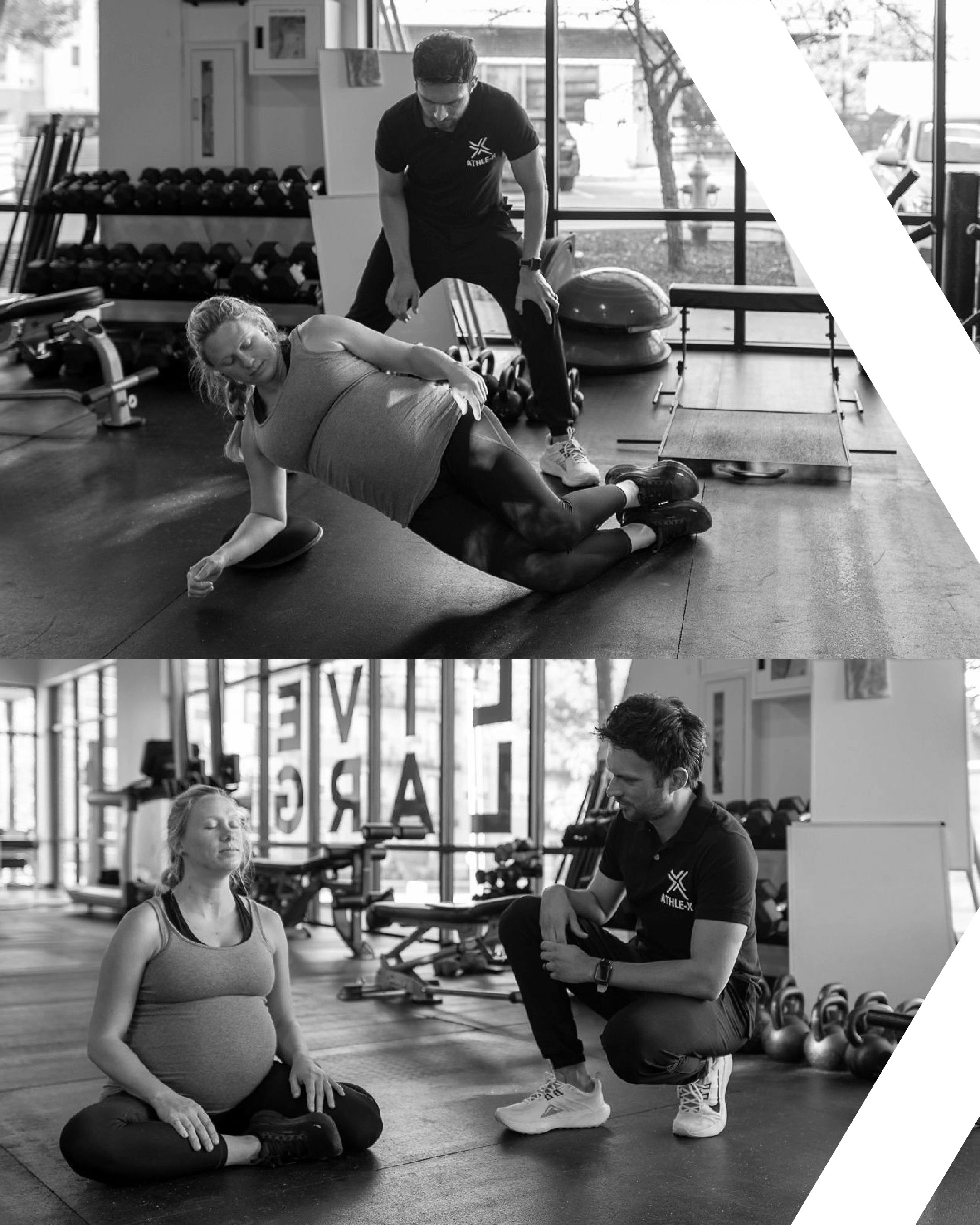 Pregnant woman exercising with trainer in gym, performing side plank and sitting cross-legged.