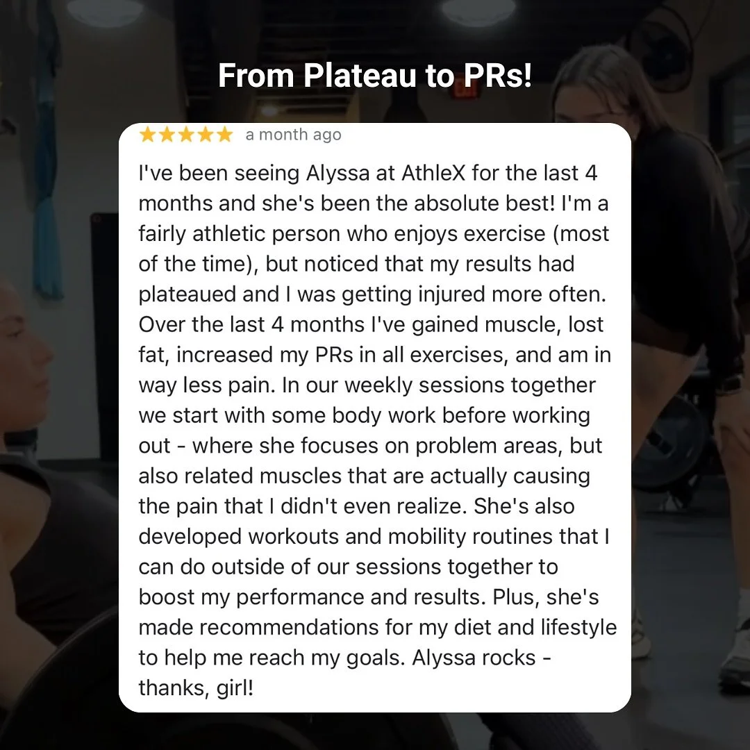 Four months. Stronger PRs, less pain, more muscle, fat down, and zero guesswork.

This client came to Alyssa feeling stuck and dealing with recurring injuries. Now every week starts with targeted bodywork to fix what is actually causing the issue, fo