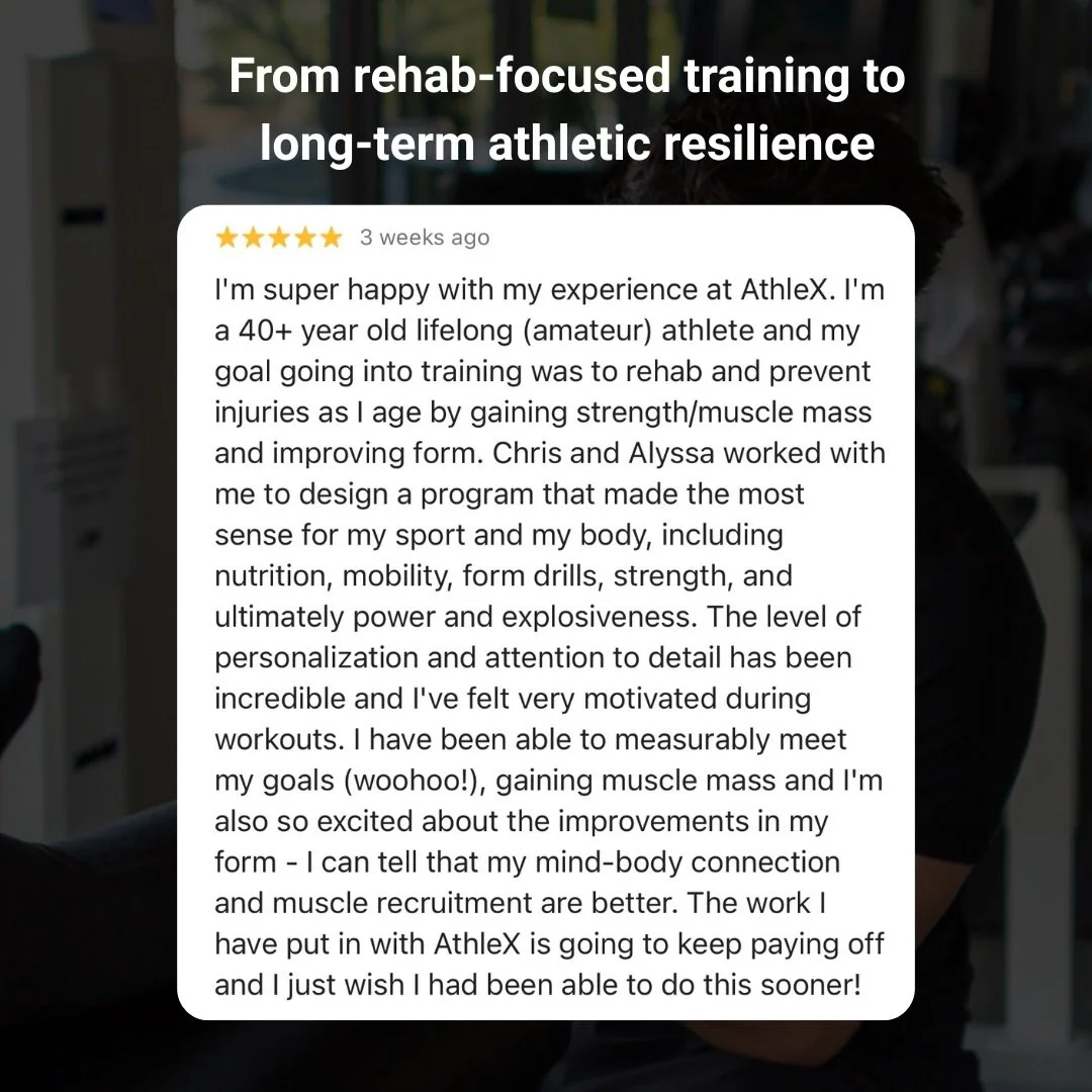 Rehab is just the starting point.

This client came in with one goal: stay healthy, keep training, and build strength that carries over to sport for years to come.

Through a fully personalized plan focused on mobility, movement quality, progressive 