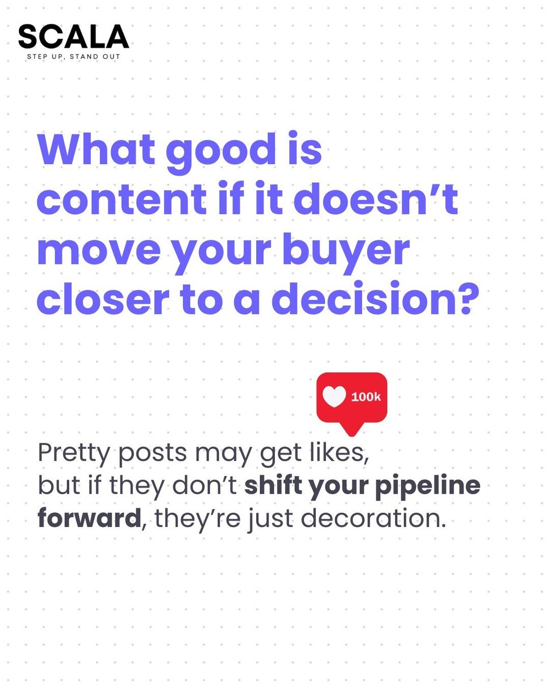 Before you hit publish, ask yourself:
𝐖𝐡𝐚𝐭 𝐝𝐞𝐜𝐢𝐬𝐢𝐨𝐧 𝐢𝐬 𝐭𝐡𝐢𝐬 𝐡𝐞𝐥𝐩𝐢𝐧𝐠 𝐦𝐲 𝐚𝐮𝐝𝐢𝐞𝐧𝐜𝐞 𝐦𝐚𝐤𝐞?
If the answer is none, it's probably for the algorithm.
If it's helping someone trust your brand, understand your value, or t