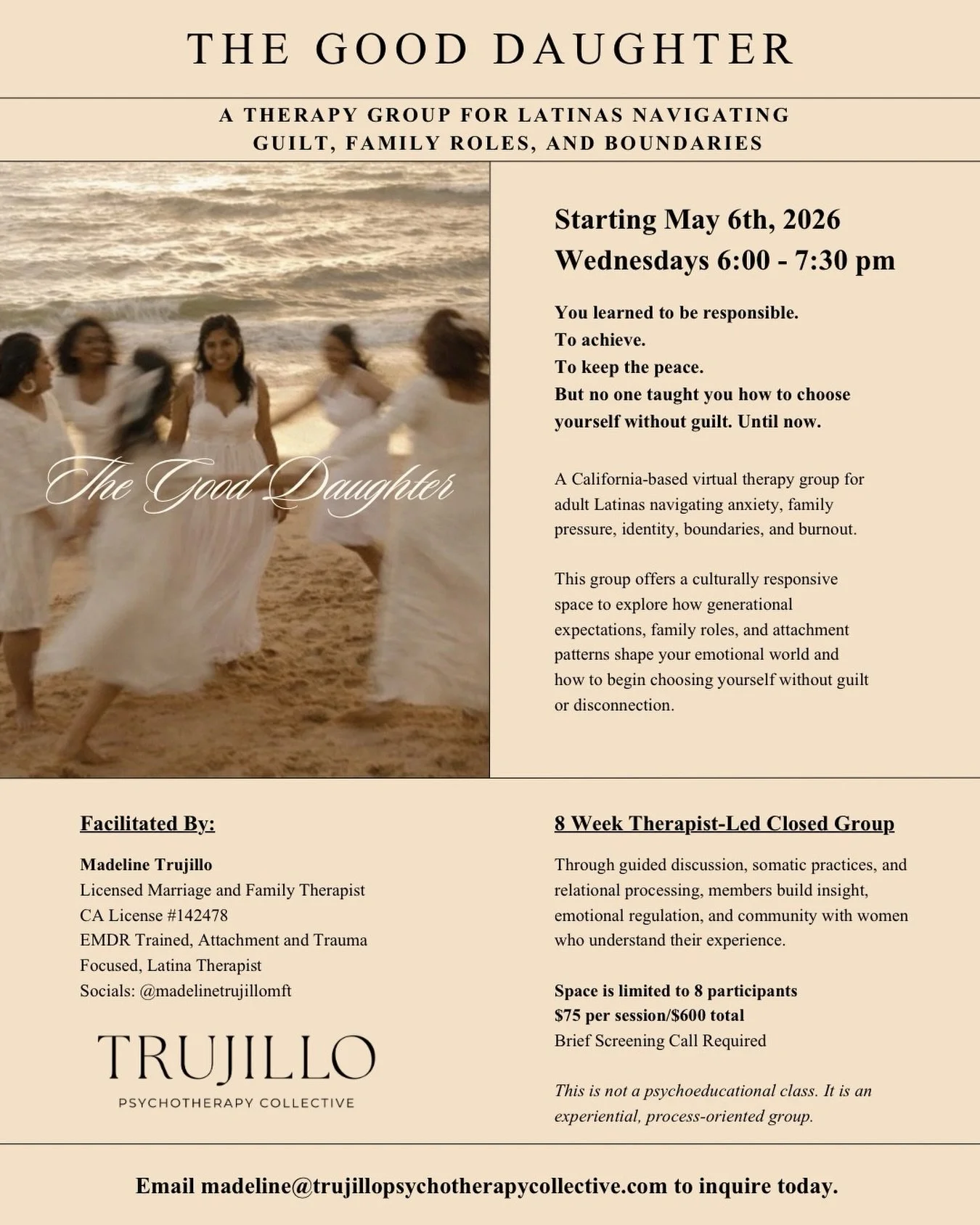 The Good Daughter: A Therapy Group for Latinas Navigating Guilt, Family Roles, and Boundaries 🕊️

I&rsquo;m so proud to announce my first virtual process group for Latinas who are ready to examine the roles they inherited and find a new way of movin