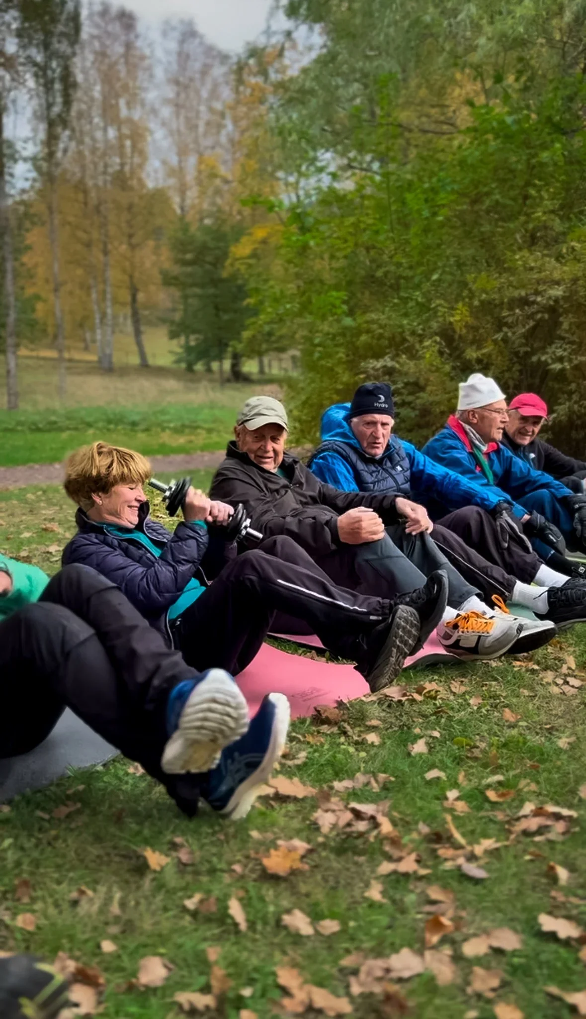 Fem eldre mennesker trener ute i park med treningsudstyr, omgitt av høstfargede trær.