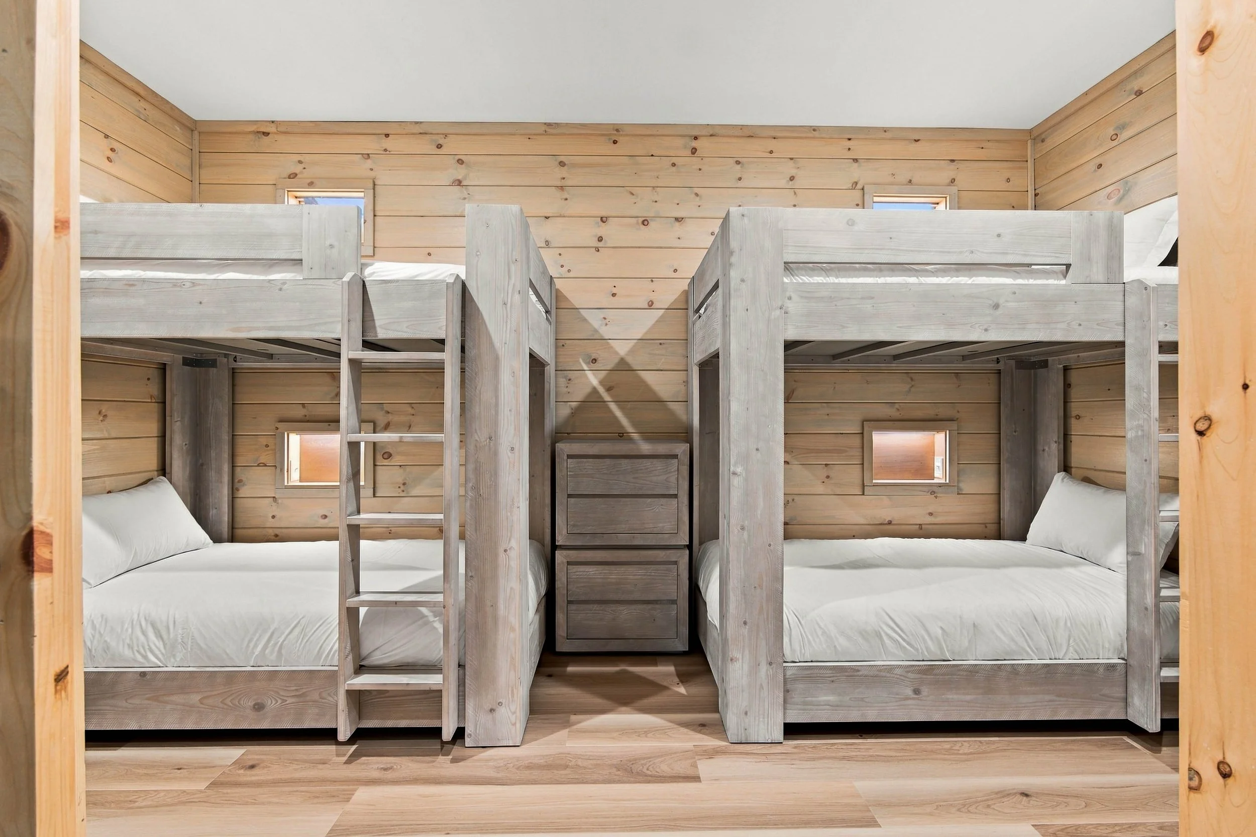 The cozy built-in bunk nook with two sets of twin bunks is perfect for kids, cousins, or a fun group sleepover.