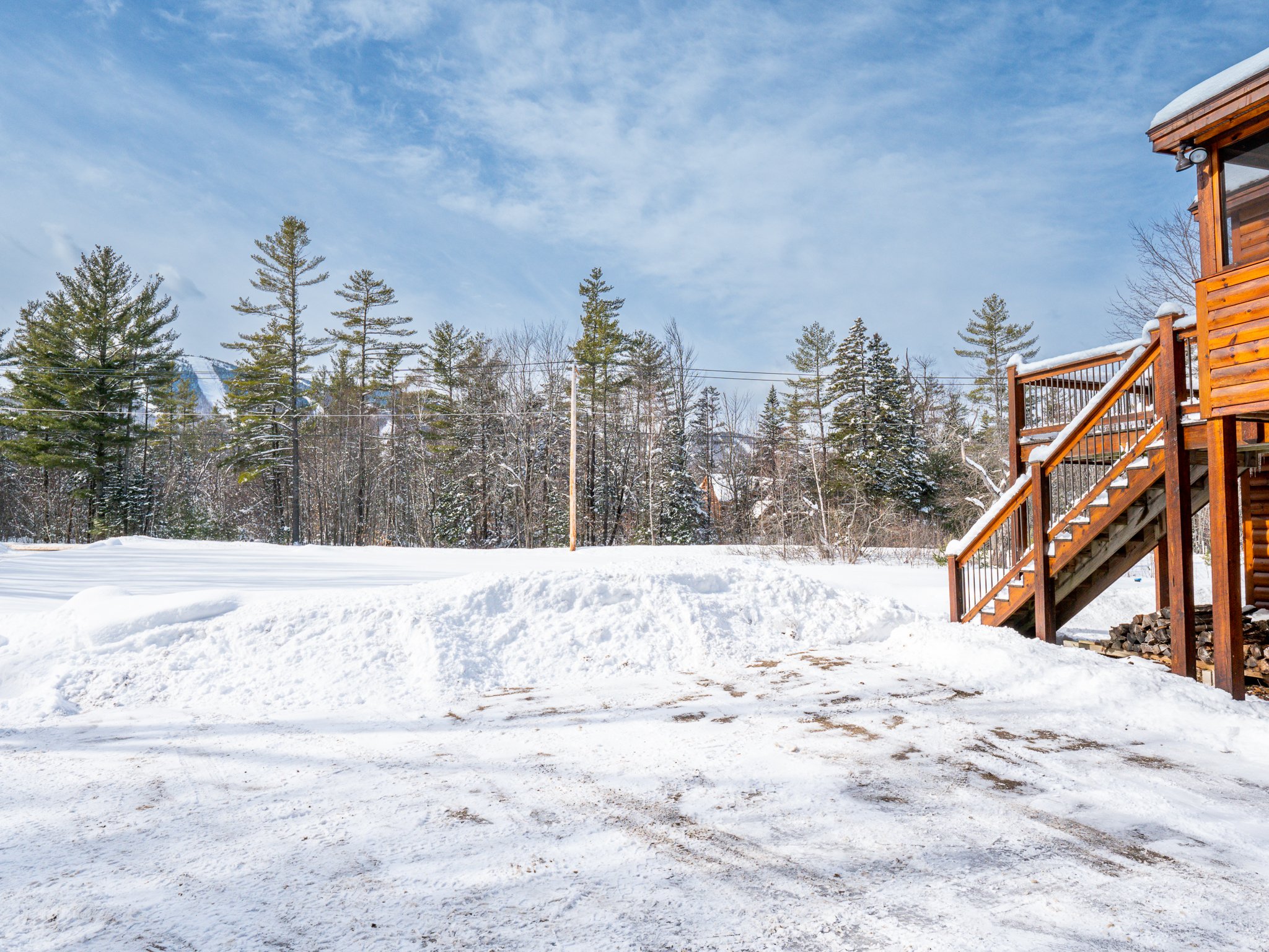 Snow-covered landscape with pine trees and wooden staircase