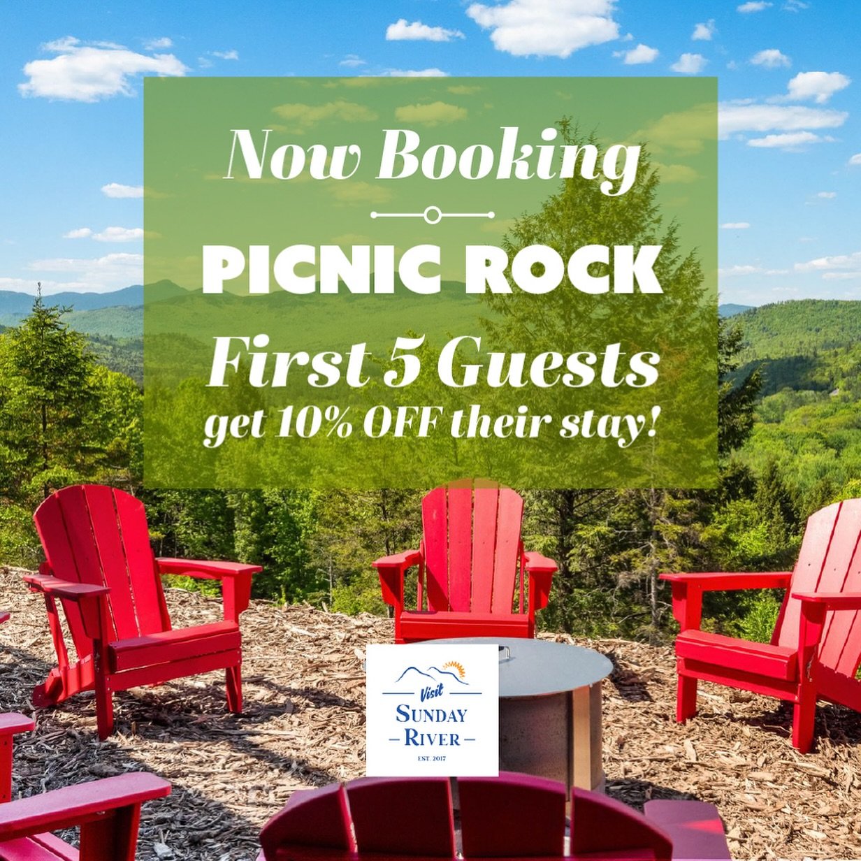 ‼️First 5 Guests‼️ get 10% OFF their stay at our new listing PICNIC ROCK! 

This property is sure to please with tons of amenities, including a hot tub and cedar barrel sauna with incredible views of Sunday River Mtn and beyond. With 5 bedrooms and 4