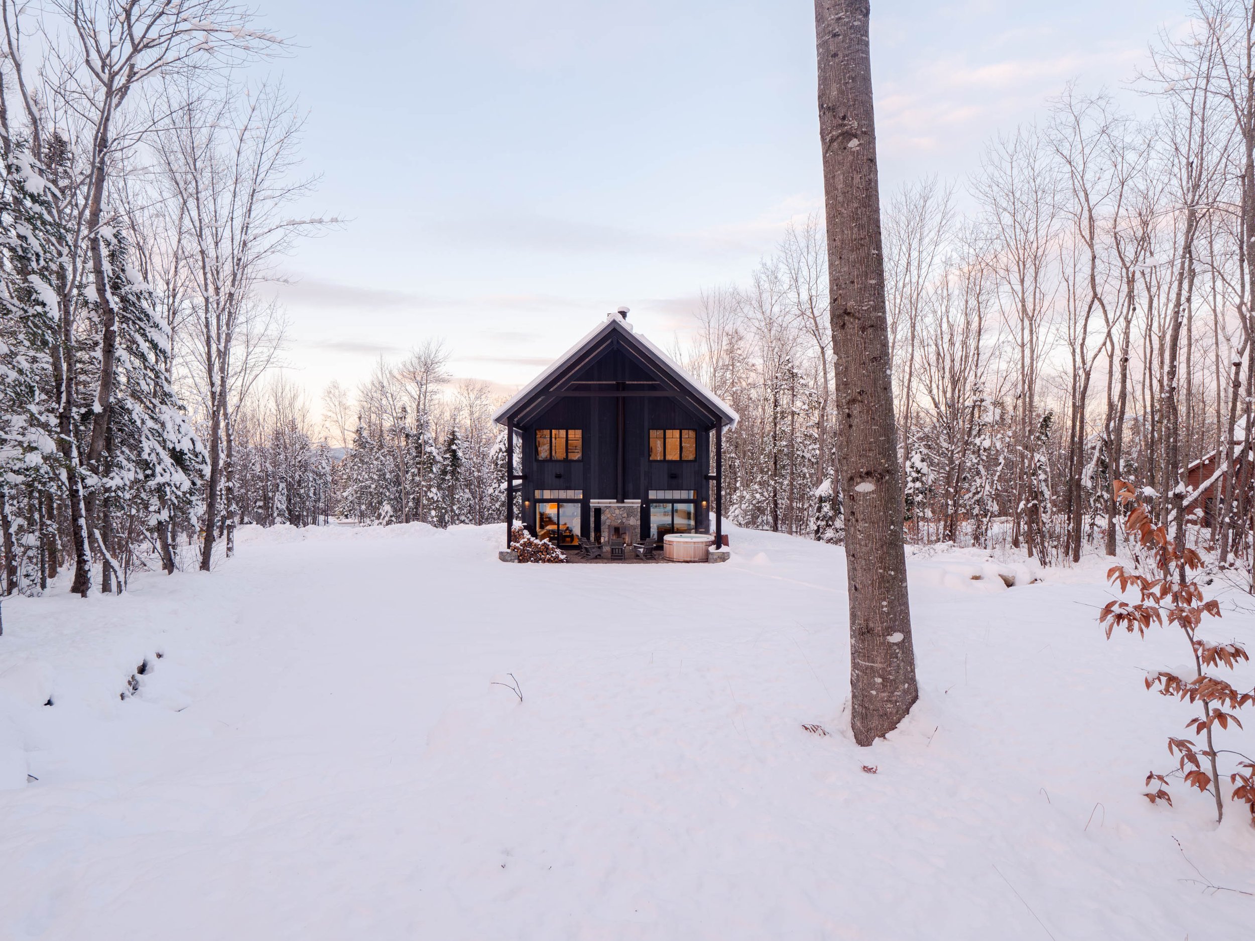 A dark wood cabin in a snowy forest landscape with surrounding bare trees.