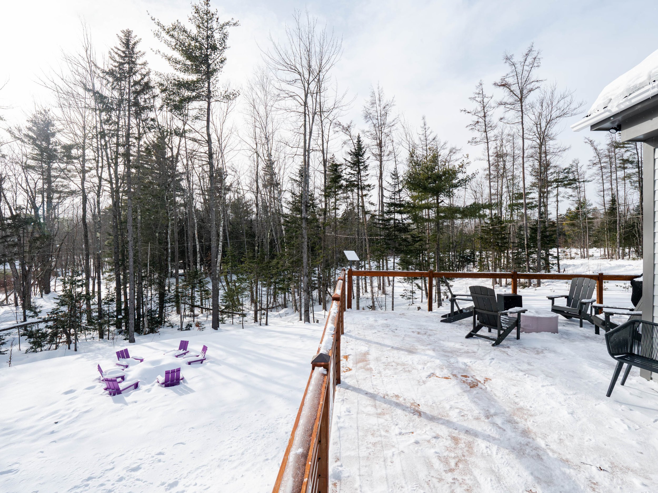 Snow-covered backyard with outdoor furniture, including several purple Adirondack chairs in the snow, a wooden deck with black Adirondack chairs and a fire pit, and a forest of leafless trees in the background.